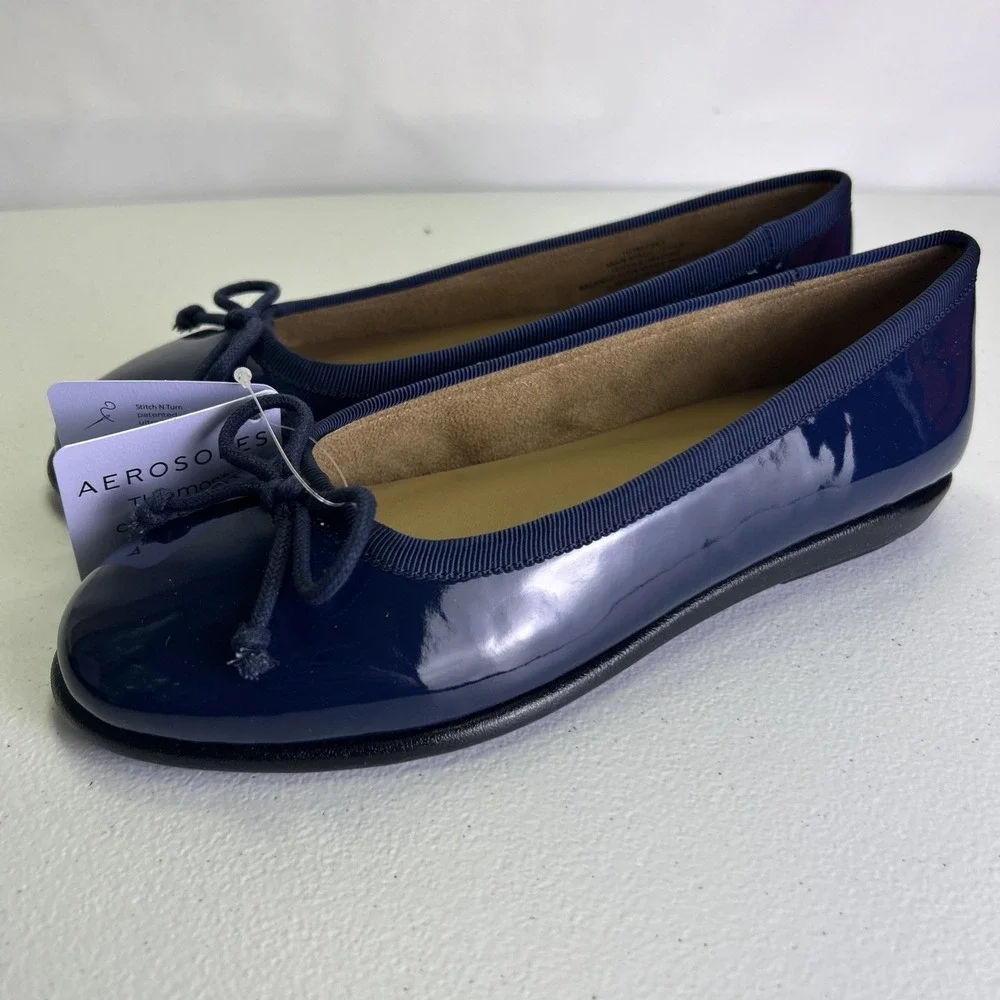 Aerosoles Homebet Women's Ballet Flats Navy Patent Blue Slip On Bow Size 8M NWB